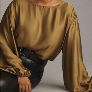 Anthropologie ballon sleeve silky top green  Gold Satin Blouse size M